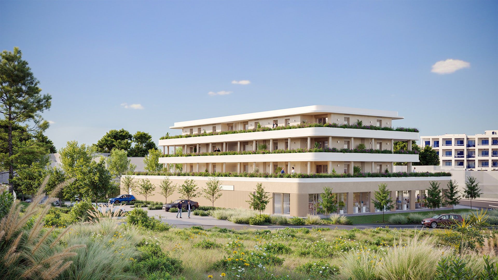 Résidence RIVA SERENA à Agosta Plage, façade avec terrasses végétalisées